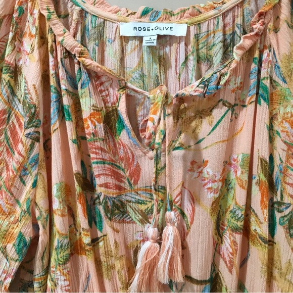 Rose + Olive Tropical Cropped Top Peasant Blouse Tie Neck Prairie Cottage Small - Picture 6 of 6